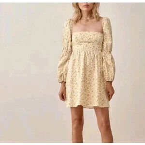 New Reformation Michaela Babydoll Dress Lima Size 2 White Yellow Floral
